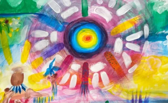 A painted art piece representing a call called this painting heals.