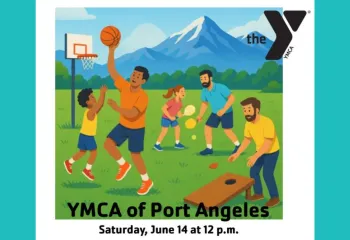 Graphic image of men and children playing field games at the YMCA Father's Field Day Event