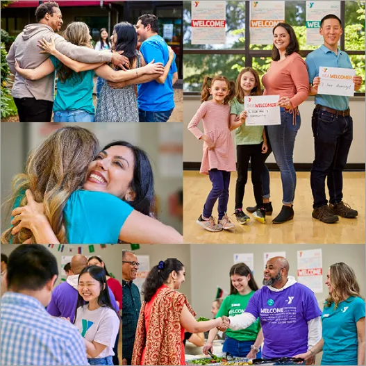 A photo collage of people hugging and welcoming others