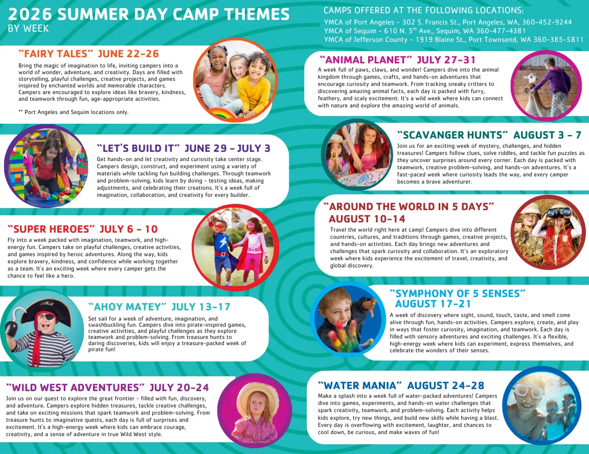 Graphic image depicting the Summer Camp themes of traditional camp YMCA 2026