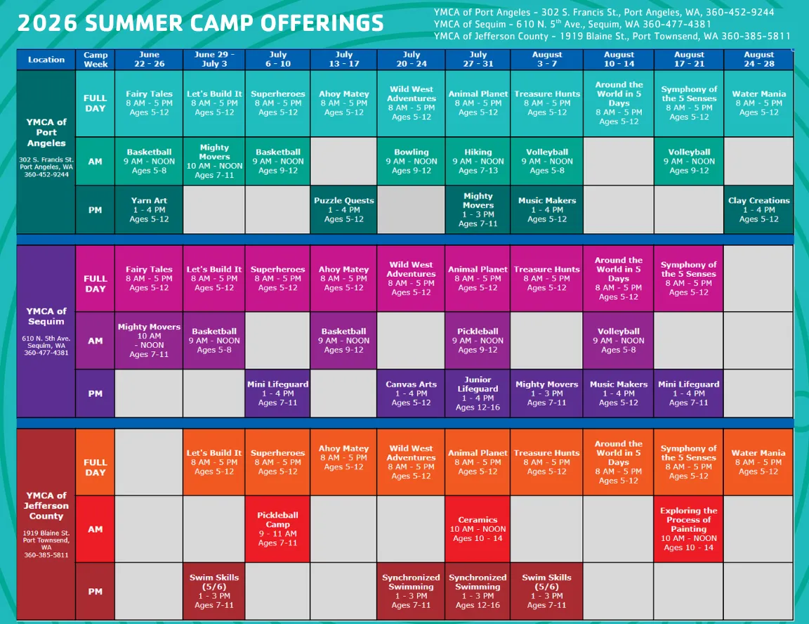 Graphic image of a colorful spreadsheet showing camp dates and themes