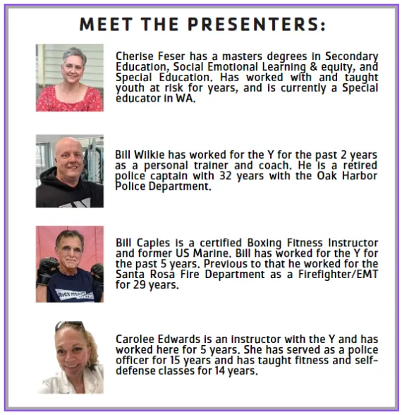 A graphic image of 4 presenters for TeenSafe that describes their years of experience in self-defense and law enforcement.