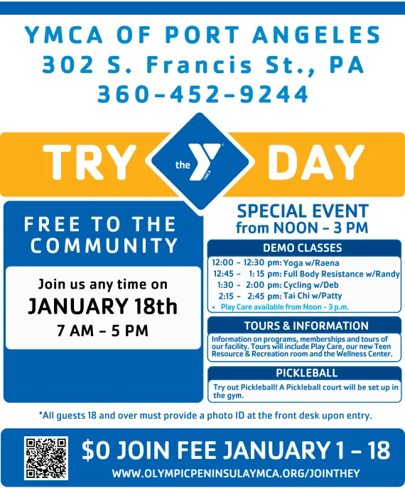 graphic image of a flyer for Try the Y day at the YMCA of Port Angeles