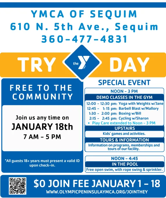 graphic image of a flyer for Try the Y day at the YMCA of Sequim