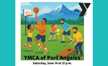 Graphic image of men and children playing field games at the YMCA Father's Field Day Event